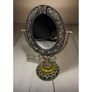 Vintage Brass Ornate Hollywood Regency Standing Vanity Mirror 12" T